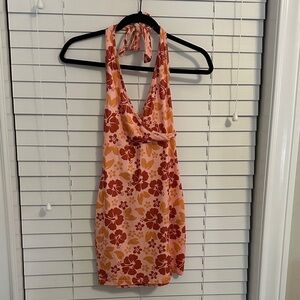Tropical Floral Backless Dress - Red and Orange